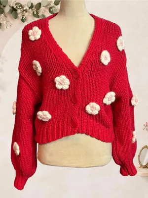 Red V-Neck Floral Appliqué Knit Cardigan Sweater thumbnail 3