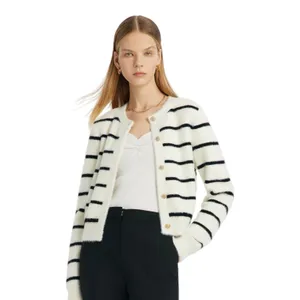 Goelia Eco-Friendly Mink Knitted Striped Cardigan Cream Black Gold Medium thumbnail 4