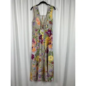 H&M Brown Purple&Pink Floral Deep V Linen&Cotton Maxi Dress Sz.M thumbnail 8