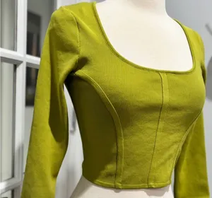 Happily Grey Ribbed Cropped Long Sleeve Top in Chartreuse/Lime Green thumbnail 4