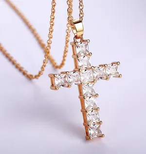 Gold Cross Necklace CZ Cubic Zircon Diamond Pendant, Jesus, Church, Bling thumbnail 1