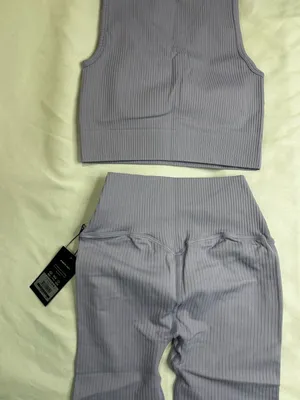 Lilias Active Ribbed Knit Set Lilac Longline Sports Bra and Bike Shorts Small thumbnail 4