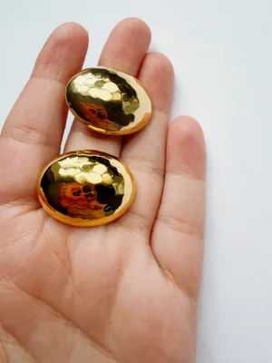 Gold old money earrings oval hammered studs thumbnail 2