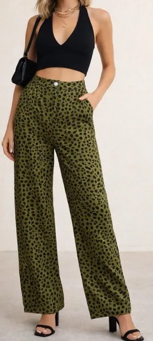 Zara | NWOT Turkey Olive Green Leopard Print High Waist Straight Leg Pants (XS) thumbnail 1