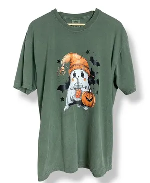 Comfort Colors Halloween‎ T-Shirt Ghost Bats Cutesy Short Sleeve Army Green Crew Neck Size XL thumbnail 1