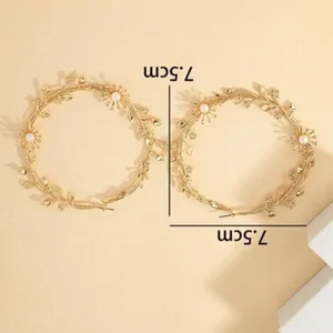 NEW!! Gold Leaf Pearl Hoop Earrings Large Round Floral Boho Circle Pearls Bridal thumbnail 4