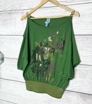 Vintage Y2K Green Butterfly Print Gold Chain Cold Shoulder Top Size Small thumbnail 5