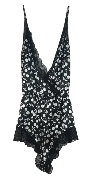 Victoria's Secret Black White Cherry Print Satin Lace Teddy Bodysuit Small thumbnail 1