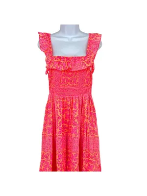 Vineyard Vines Neon Tortola Smocked Midi Dress Vibrant Pink Orange Size Medium thumbnail 2