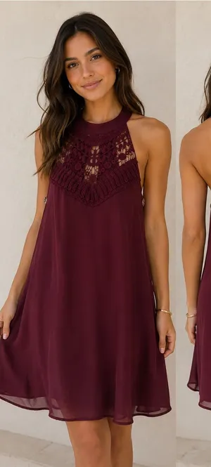 Women's Crochet Yoke Halter Dress - Burgundy thumbnail 1