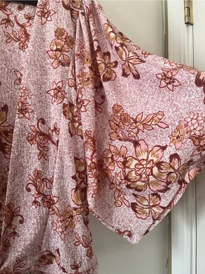 Pink Floral Wrap Front Kimono Sleeve Top Large Resort Vacation Tropical Blouse thumbnail 3