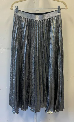 NWT Lucy Paris Metallic Silver Pleated Midi Skirt Charcoal Gray Women's Medium thumbnail 1