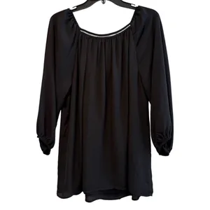 Cato Black Long Sleeve Boho Sheer‎ Chain Detail V-Neck Neck Tunic Top L thumbnail 3