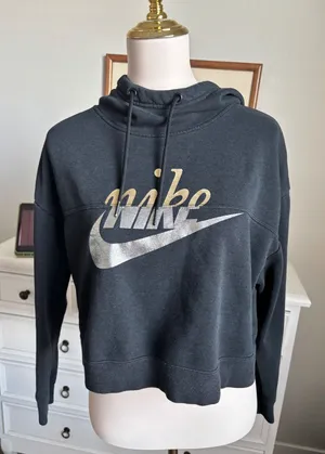 Nike Cropped Hoodie Sweatshirt Metallic Silver Gold Logo Black Womens Small thumbnail 1