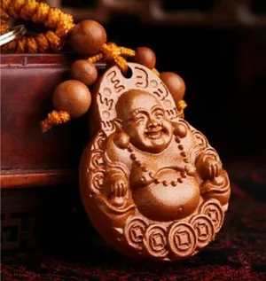 LUCKY BUDDHA Carved Rosewood Novelty Keychain thumbnail 1