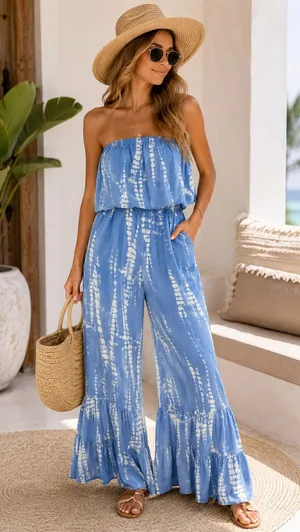 Japna NWT Strapless Tie Dye Jumpsuit XS Blue White Rayon Wide Leg Ruffle Boho thumbnail 1