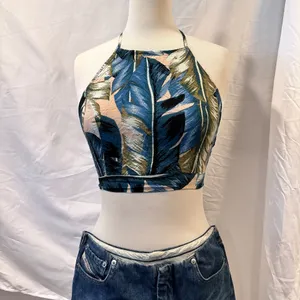 Lulus Back to Your Roots Teal Blue Leaf Print Two-Piece Maxi Dress Top thumbnail 4