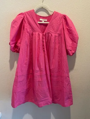 Karlie Mini Dress Hot Pink Small S puff sleeve boutique cotton thumbnail 1