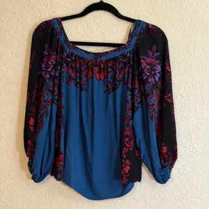 Free People Blouse Blue S Womens Floral Boho Peasant Top thumbnail 7