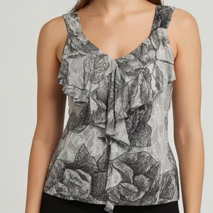 NY&CO Gray Floral Ruffle Tank Top Large Feminine Elegant Romantic Polished Work thumbnail 1