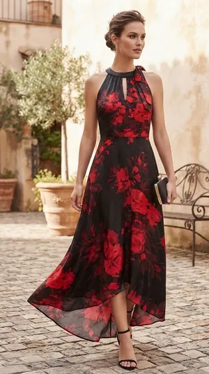 Chetta B Black Dress with Red Floral Print - High-Low Halter thumbnail 1