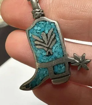 Signed COP Pewter Silver Tone / Turquoise Blue Color Cowgirl Boot With Spur thumbnail 5