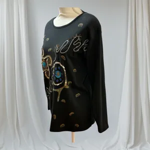 Christina Vintage 80s Beaded Sequin Sweater Black Blue‎ Ramie Cotton thumbnail 4