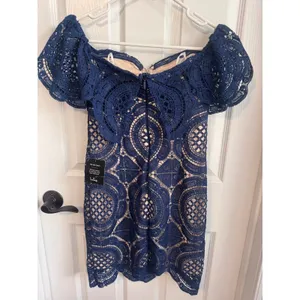 Lulus Bellisimo Navy Blue Lace Off Shoulder Bodycon Dress Size Medium NWT thumbnail 8
