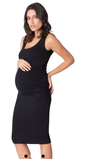 Seraphine Black Ruched Side‎ Maternity Bodycon Midi Dress Sleeveless Small thumbnail 1