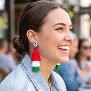 Boutique NEW Italy Flag Soccer Tassel Dangle Earrings with Red White and Green Fringe thumbnail 3