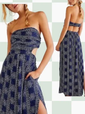 Free People Peyton Maxi Dress features a navy blue and cream geometric print thumbnail 2