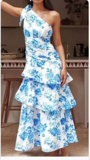 One Shoulder layered floral dress Blue Size L thumbnail 1