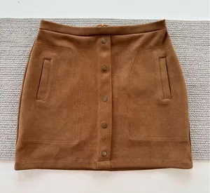 Free Planet Cognac Brown Faux Suede Snap Front Detail Stretch Mini Skirt thumbnail 1