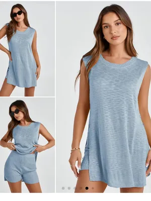 Uaneo 2 Piece Outfit Summer Knit Sweater Set Sleeveless Tunic top and short thumbnail 2