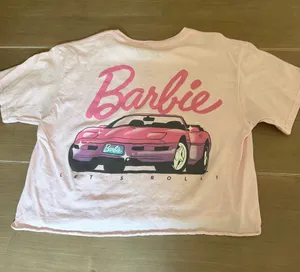 Barbie Pink Graphic Crop Tee Let’s Roll Car Logo T-Shirt Women’s Medium thumbnail 1
