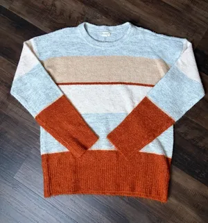 Hem & Thread Striped Crewneck Sweater in Light Gray, Cream & Rust thumbnail 1