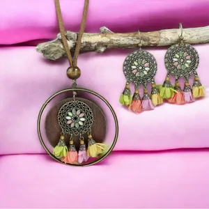 Boho Zinc Alloy Wood Retro Flower Design Tribal‎ Necklace & Earrings Set thumbnail 6