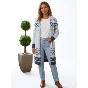ANA Gray & Blue Print Fuzzy Fluffy Comfy Long Sleeve Open Front Cardigan M NEW thumbnail 5