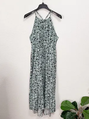 Miss Sparkling Sage Green Polka Dot Tiered Maxi Dress Belted Adjustable Strap thumbnail 4