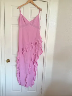 Oh Polly Pink Ruffle Maxi Dress Side Slit Size 10 thumbnail 2