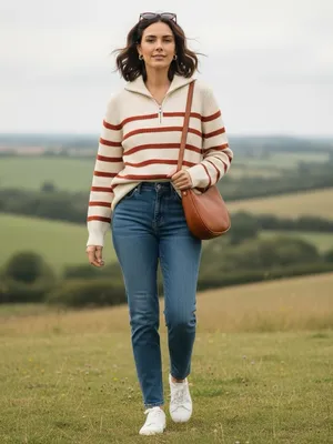 Monoprix Femme Ivory Rust Stripe Ribbed Half Zip Sweater XS French Knit Top Chic thumbnail 4