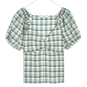 Madewell Plaid Puff Sleeve Ruched Bodice Green White Milkmaid Top Xs thumbnail 4
