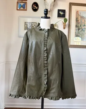 Hot in Hollywood Vegan Faux Leather Green Ruffle Jacket 2X thumbnail 1
