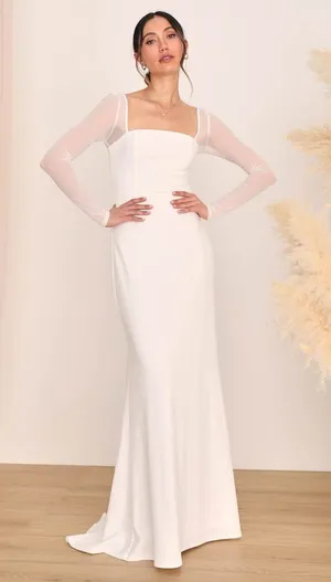 NWT Lulus Lovingly Yours White Mesh Long Sleeve Maxi Dress Wedding Bridal Sz XXS thumbnail 1