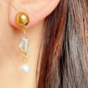 Handmade quality Czech glass flower beads & natural shell pearls chic boho vintage style dangle earrings💚 thumbnail 5
