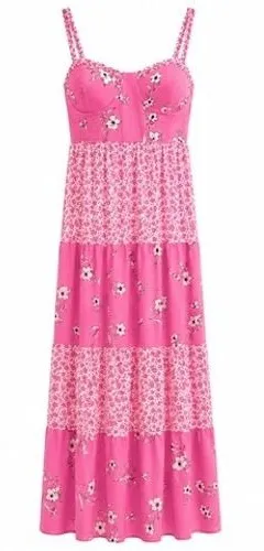 No Comment Cottagecore Floral Bustier‎ Maxi Dress Smocked Tiered Pink White Women's Large thumbnail 1
