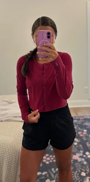YPB by Abercrombie Women's Long-Sleeve Button Ribbed Top - Burgundy thumbnail 1