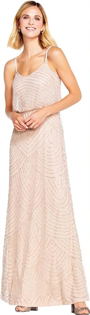 Adrianna Papell gown Art Deco Beaded Blouson maxi dress formal blush intricate thumbnail 1