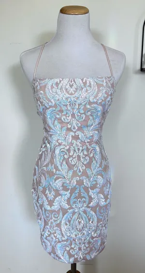 Windsor White & Beige Sequin Open Back Crisscross Tie Mini Dress Size Small thumbnail 1