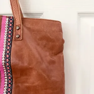 The Sak Tan Leather Patchwork Fabric Embellished Boho Top Zip Shoulder Tote Bag thumbnail 6